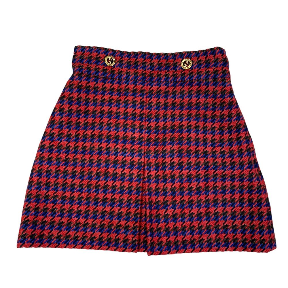 GUCCI グッチ 千鳥格子 ミニ スカート ボトムス ダブルG ロゴボタン 643737 ウール レッド (サイズ38) エレガント 上品 フェミニン クラシック トラッド 華やか