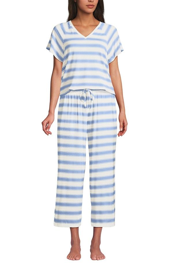 ランズエンド レディース アンダーウェア ナイトウェア パンツ Lands End Cooling Pajama Set Short Sleeve Top and Cropants Misty Blue Stripe ブルー