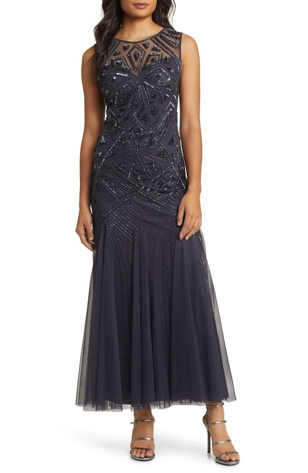 ピサッロナイツ レディース トップス ワンピース ノースリーブ Pisarro Nights Geometric Beaded Sleeveless Gown Slate 421 スレート