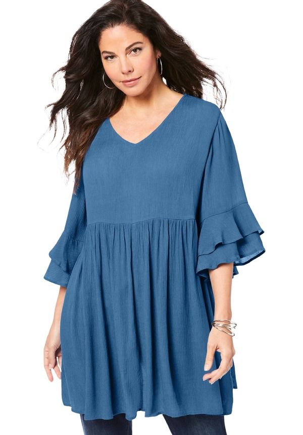 ロアマンズ レディース トップス シャツ Roamans Hand Crinkled Flutter Sleeve Tunic Dusty Indigo インディゴ