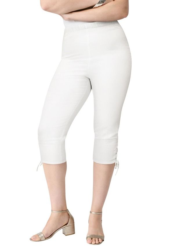 ロアマンズ レディース ボトムス カジュアルパンツ プラスサイズ キャップ レース Roamans Plusize Comfort Stretch Lace Up Capri Jean White Denim ホワイト