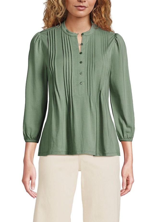 ランズエンド レディース トップス シャツ ジャージー Lands End Lightweight Jersey Button Pintuck Top Lily Pad Green グリーン