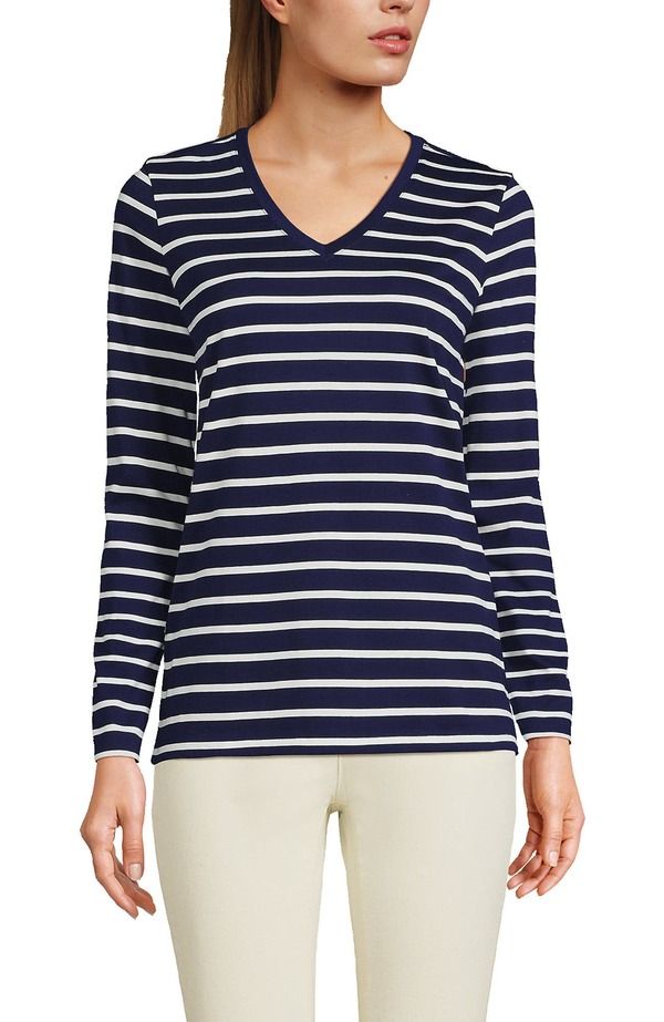 ランズエンド レディース トップス Tシャツ Vネック コットン Lands End Relaxed Supima Cotton Long Sleeve VNeck TShirt Deep Sea Navy Breton Stripe ネイビー