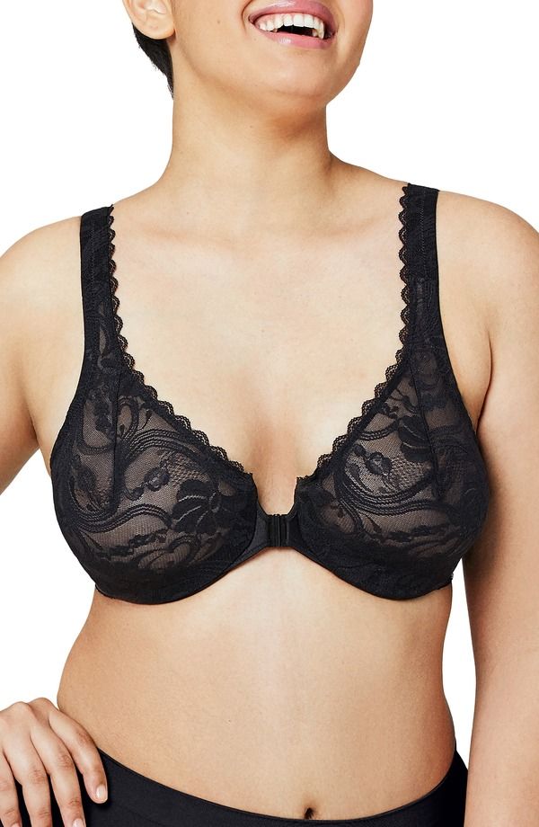 グラマライズ レディース アンダーウェア ブラジャー レース Glamorise WonderWire Front Close Stretch Lace Underwire Bra Black ブラック