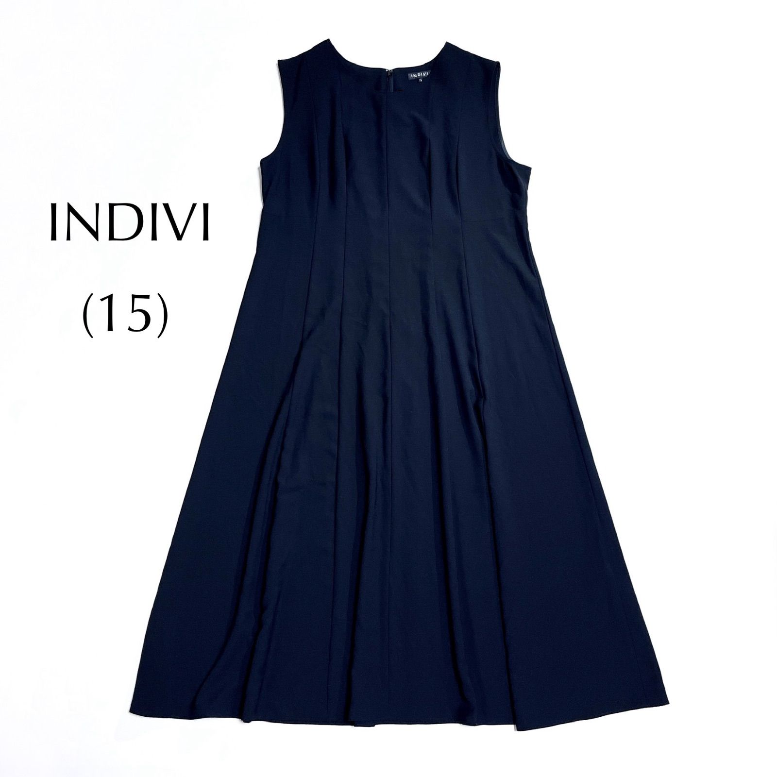 kT16 INDIVI 2025AW 大きいサイズ 15号 ノースリーブ ロング ワンピース Aライン ブラック 黒 インディヴィ