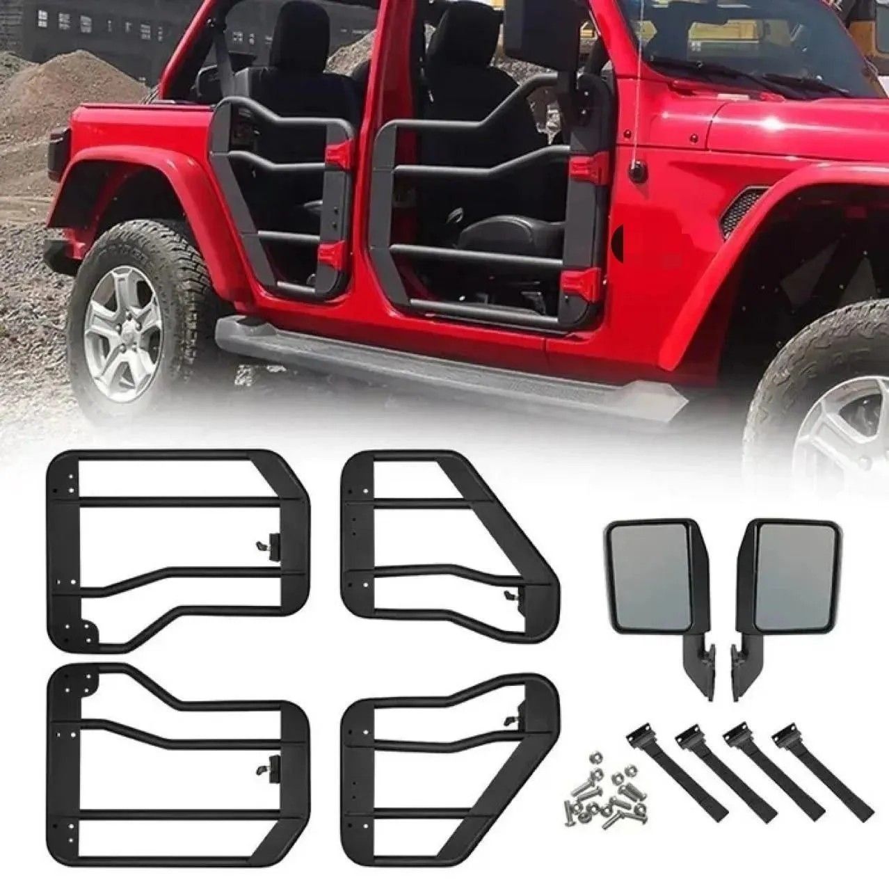 送料無料 ジープ ラングラーJL／グラディエーターJT 専用 2ドア?4ドア対応 スチールチューブハーフドア 高強度スチール製 ブラックパウダーコート仕上げ フィット オフロードスタイルを強化 簡単装着 風防性アップ ドア開閉機能そのまま カスタムパーツ