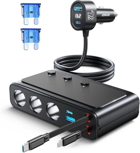 JOYROOM 227W 9 in 1 シガーソケット 増設 3連 【巻取り式USB-C&Lightningケーブル搭載・9台同時充電対応】カーチャージャー PD45W/QC急速充電 独立スイッチ 電圧計付き 12V/24V車対応 iPhon 2f7315f5