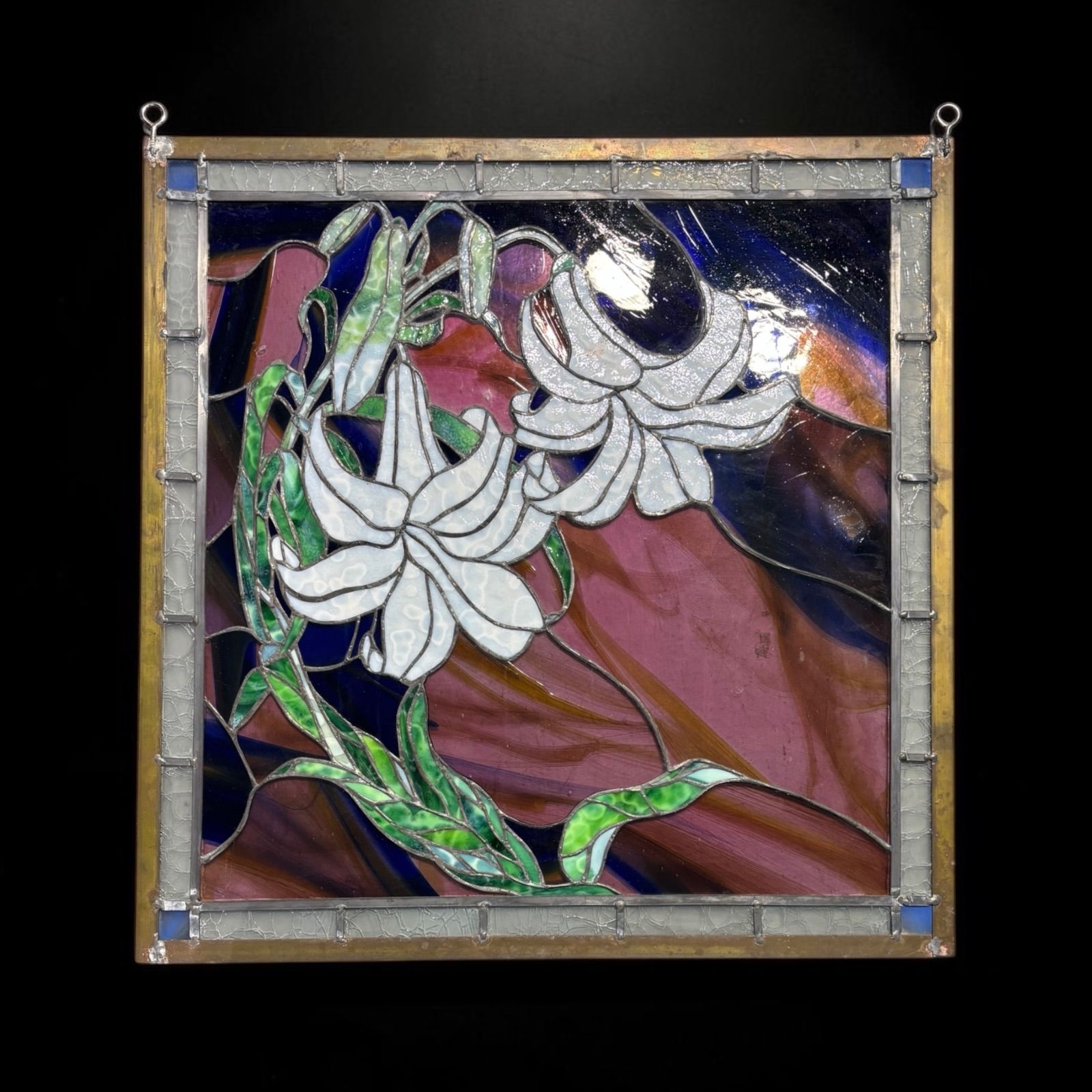 ステンドグラス 百合の花 アート ガラス 百合 花 四角 パネル 装飾品 インテリア 骨董品 アンティーク ヴィンテージ