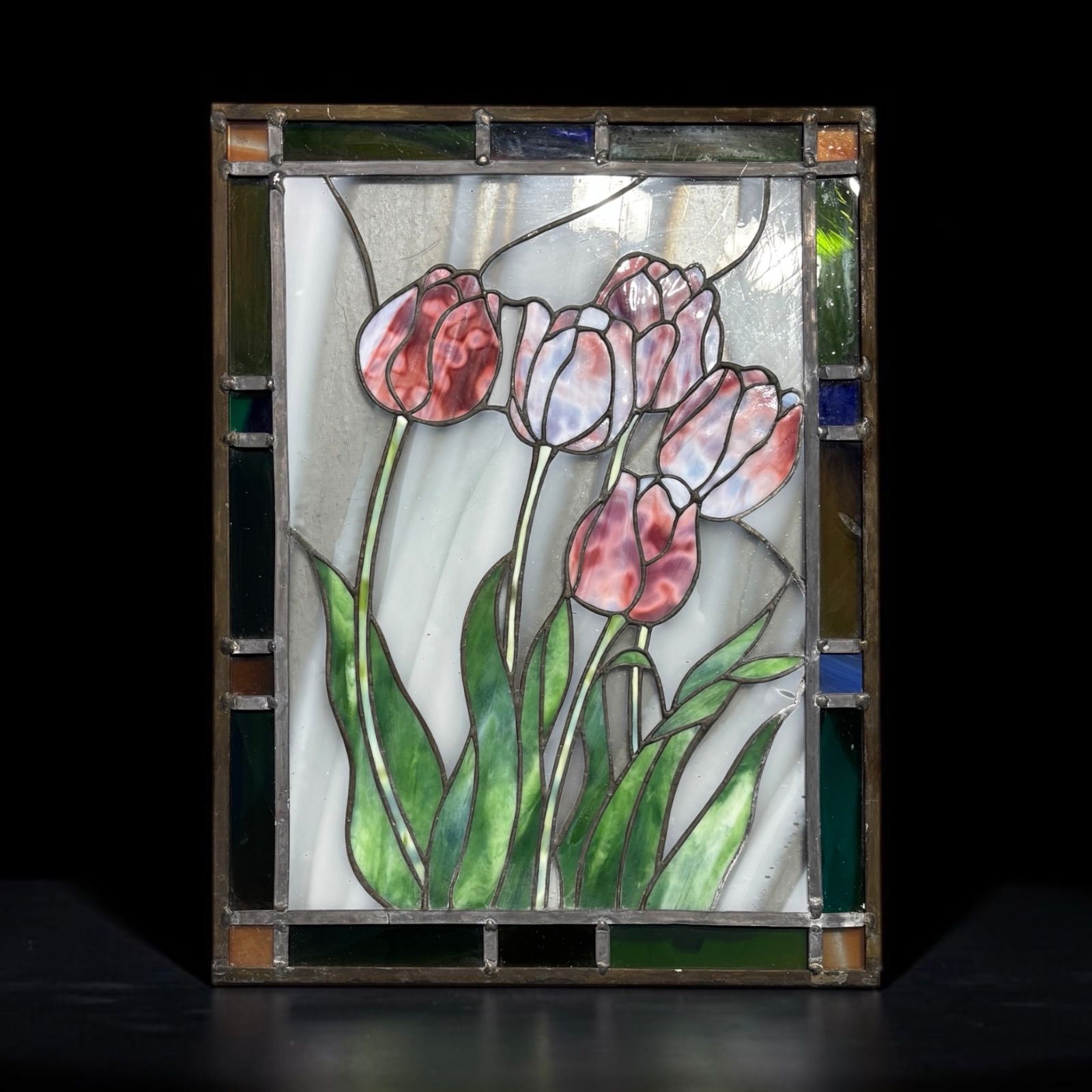 ステンドグラス チューリップの花 アート ガラス チューリップ 花 四角 パネル 装飾品 インテリア 骨董品 アンティーク ヴィンテージ