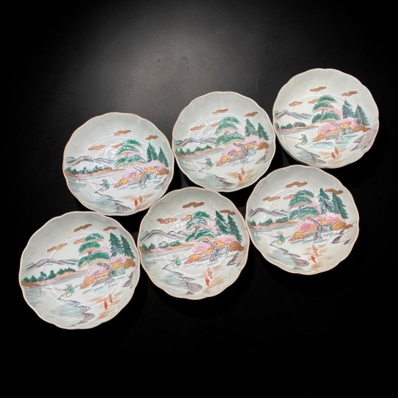 【6客セット】 古伊万里 なます皿 金彩 松竹梅 山水風景図 色絵 膾皿 和食器 時代物 陶器 骨董品 アンティーク