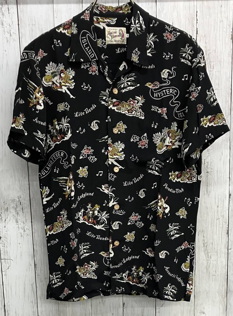 HYSTERIC GLAMOUR 半袖シャツ ヒステリックグラマー アロハシャツ 総柄 レーヨン100% ブラック size S