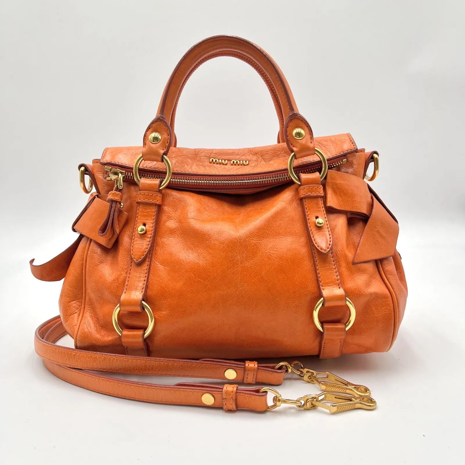 Auth Miu Miu Y2K Vitello Shine Side Ribbon 2Way Leather Shoulder Bag Handbag Orange