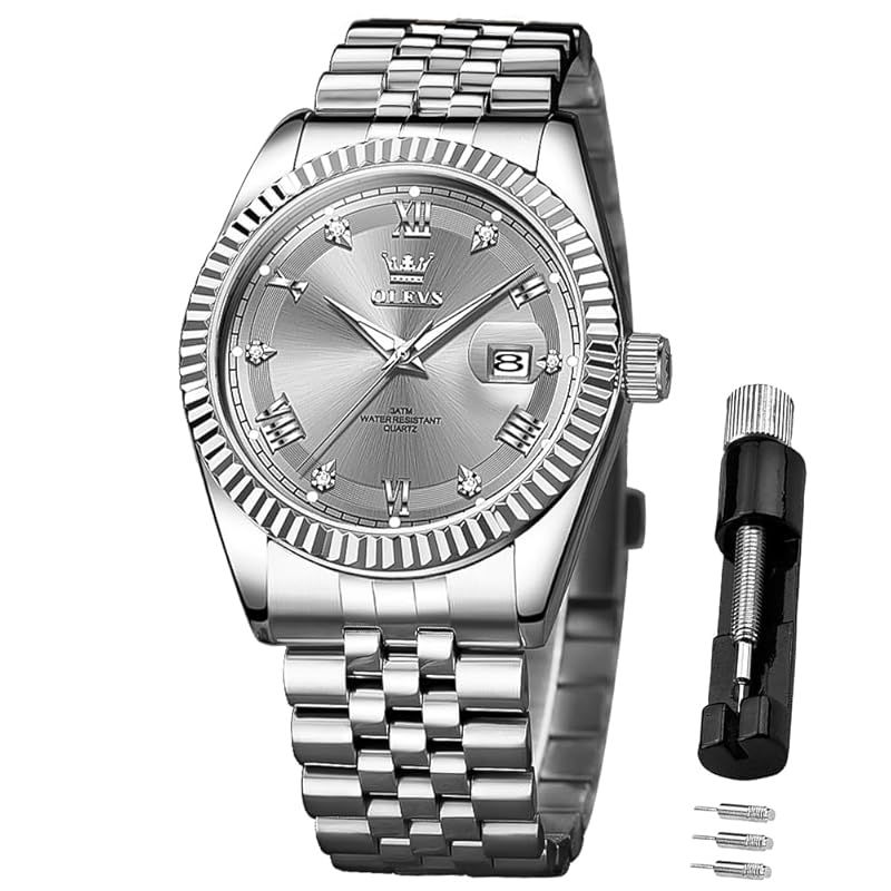 【新品】 OLEVS クオーツ腕時計 メンズ 防水 日付 夜光 ステンレス 人気 おしゃれ 男性 ファッション ビジネス watch for men グレー