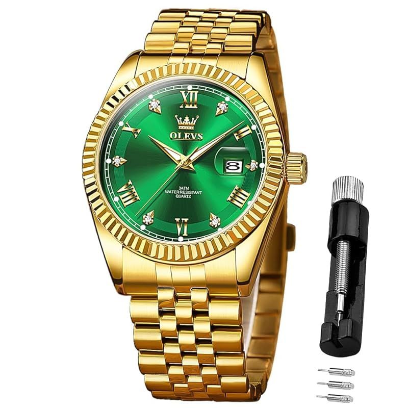 【新品】 OLEVS クオーツ腕時計 メンズ 防水 日付 夜光 ステンレス 人気 おしゃれ 男性 ファッション ビジネス watch for men ゴールド＆グリーン