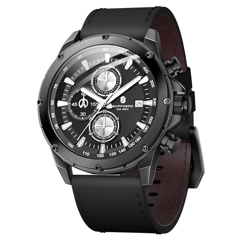 【新品】 SAPPHERO 腕時計 メンズ アナログ クォーツ 50m 防水 夜光 日付表示 人工皮革バンド 高硬度ミネラルガラス ビジネス アウトドア 対応 ブラックバンド ブラック文字盤