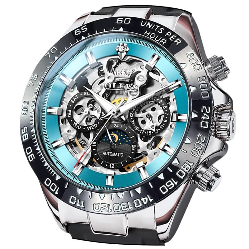 【新品】 OLEVS 腕時計 メンズ 自動巻き スケルトン 日付 防水 夜光 ダイヤモンド ファッション ビジネス watch for men ブルー