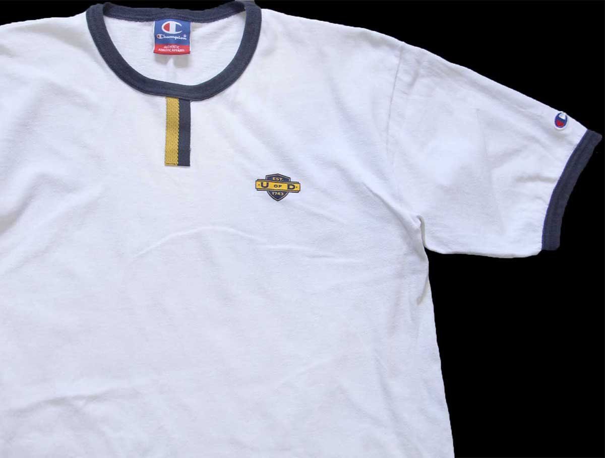 00s Championチャンピオン U OF D チョコチン コットン リンガーTシャツ 白×紺★オールド カレッジ ホワイト ワンポイント