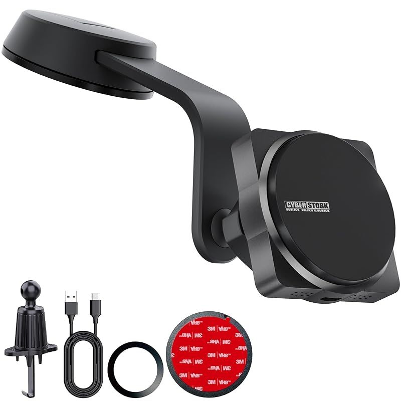 【新品】 CYBERSTORK(サイバーストーク) スマホホルダー 車 MagSafe対応 マグセーフ車載ホルダー 15W ワイヤレス充電 タッチセンサー自動回転 2WAY取付（吸盤/送風口） 片手装着 フレキシブルアーム 360°調整 メタルリング同梱 CK
