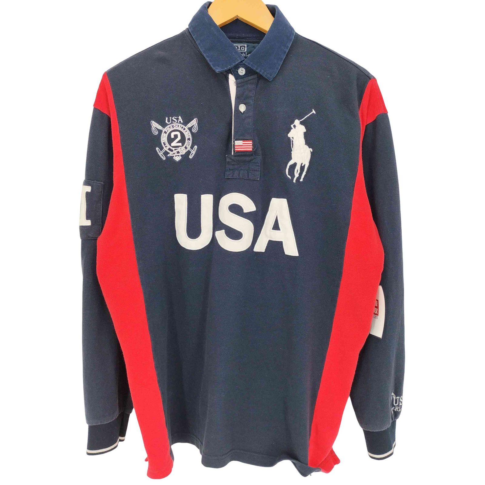 ポロバイラルフローレン Polo by RALPH LAUREN 90-00s CUSTOM FIT ビッグポニー USA エンブレム ナンバリング 刺繍 L/S ラガーシャツ メンズ import：L