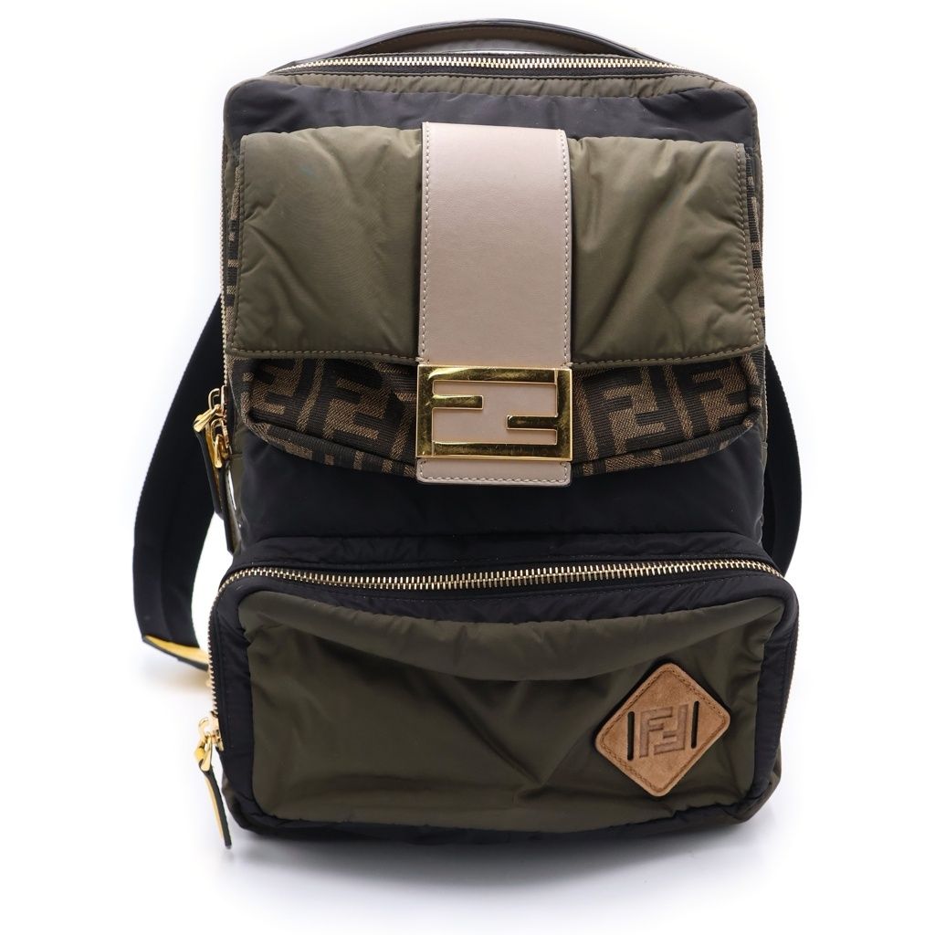 FENDI (フェンディ) ズッカ バックパック リュックサック カーキ×ブラック マルチカラー ナイロン×レザー 7VZ047 ゴールド金具