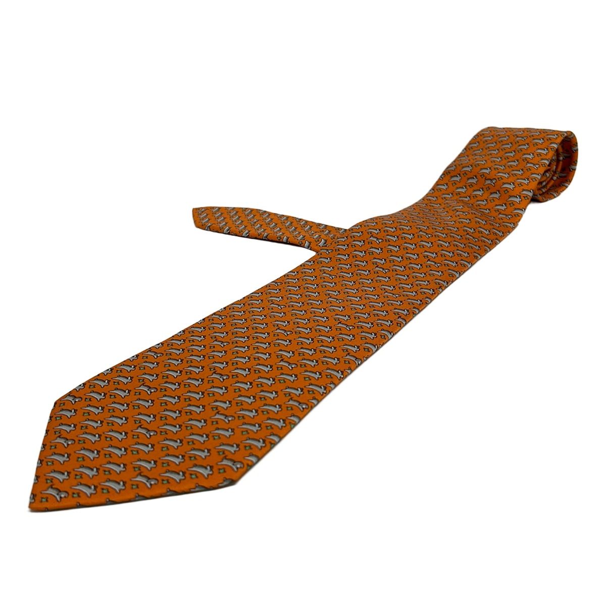 HERMES(エルメス) ネクタイ メンズ美品 - オレンジ×グレー×マルチ ウサギ柄