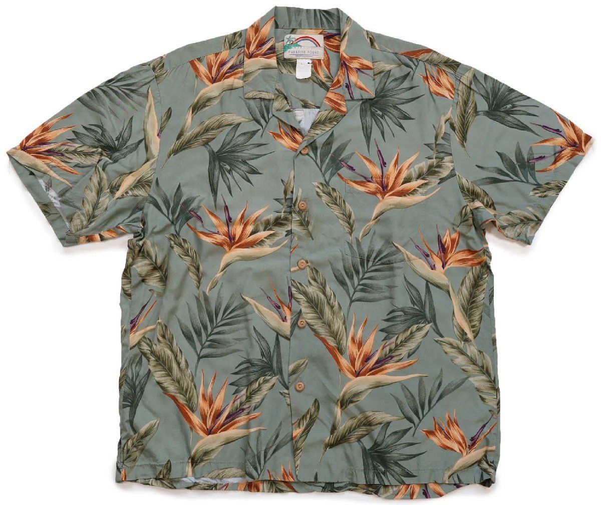 ハワイ製 PARADISE FOUND 極楽鳥花 オープンカラー レーヨン アロハシャツ L★ハワイアン HAWAII ボタニカル フラワー 花柄