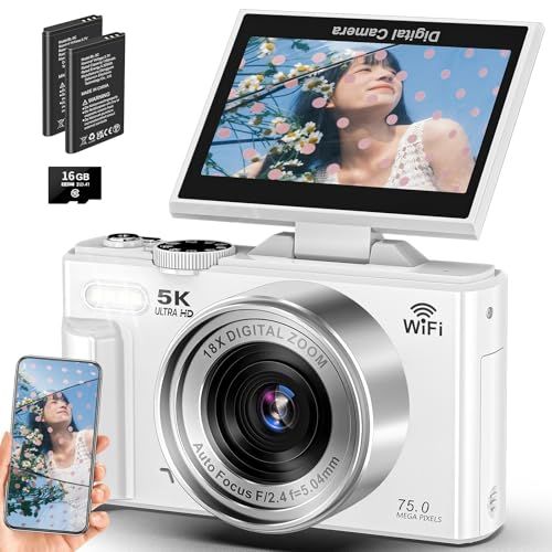 デジカメ 5K録画 7500万画素 スマホに送れる デジタルカメラ Wi-Fi機能 オートフォーカス 自撮り 18倍デジタルズーム 連続撮影 180度回転可能ディスプレイ 3.0インチスクリーン 32GBマイクロSDカード付き 1200mAh a515cd8d
