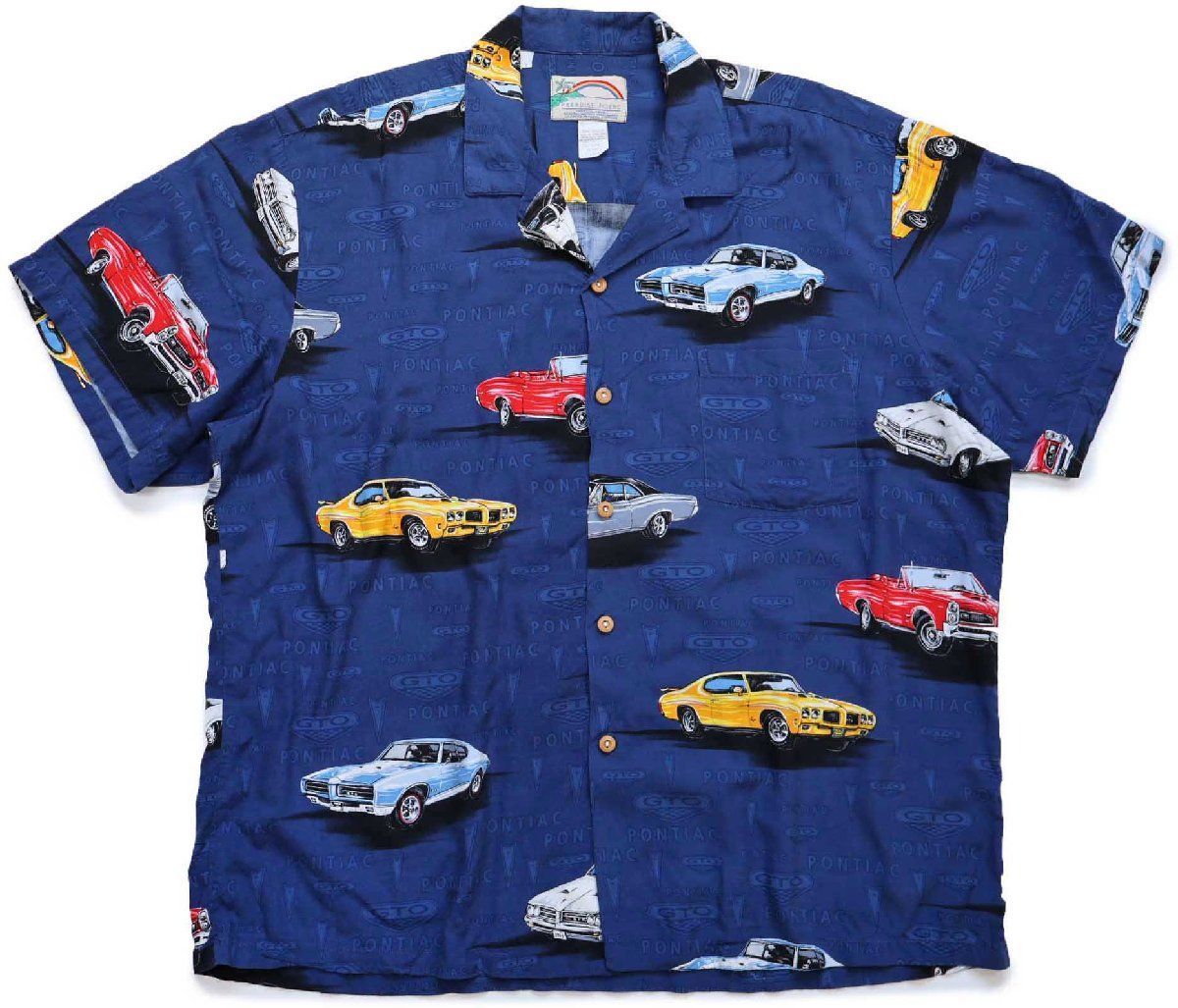 ハワイ製 PARADISE FOUND PONTIAC GTO 総柄 オープンカラー レーヨンシャツ XL★アロハ ハワイアン アメ車 マッスルカー ビッグサイズ