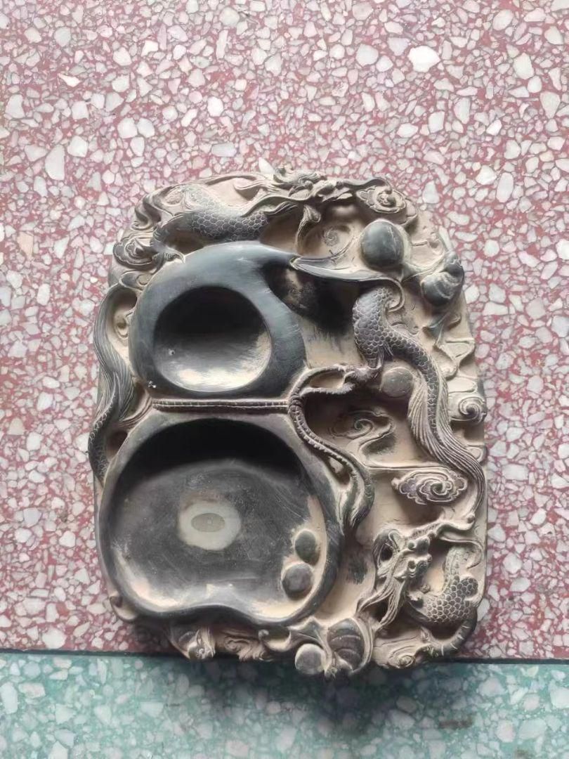 硯 竜騰紋瓢?硯 書道具 文房具 工芸品 美術品 置物