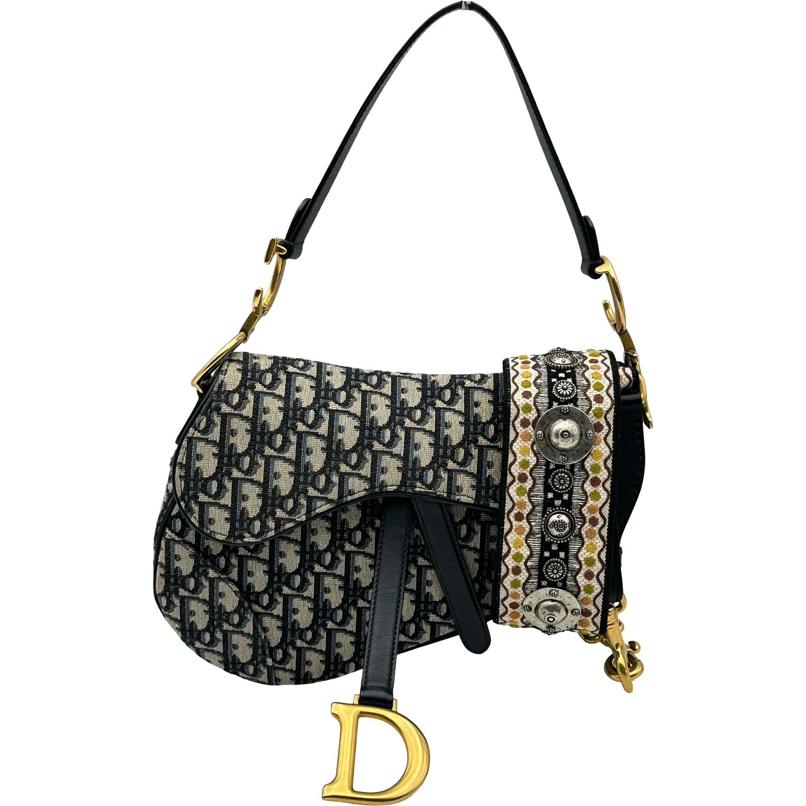 クリスチャン・ディオール Christian Dior オブリークサドルバッグ ネイビー ゴールド金具 キャンパス レディース ショルダーバッグ