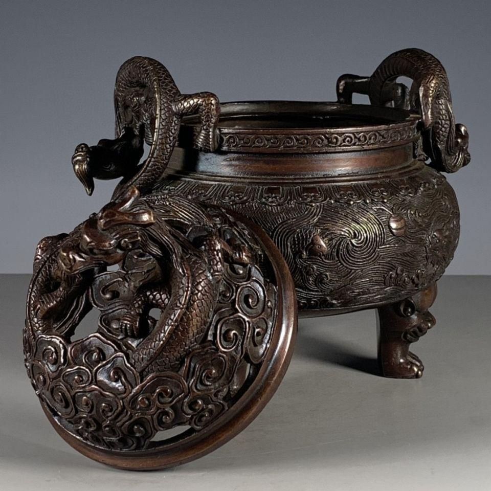 三足鼎 双耳九龍熏香炉 彫刻 置物 開運 金運 風水 工芸品