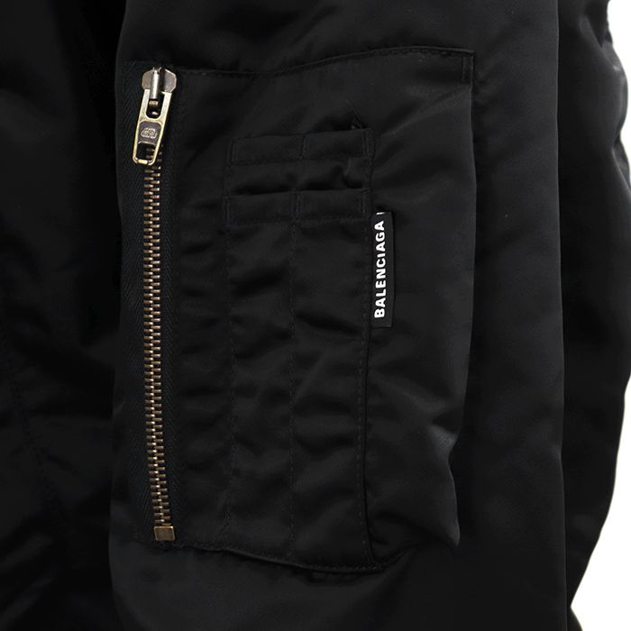 【美品】BALENCIAGA バレンシアガ ブルゾン MA-1 サイズ 52 メンズ 2019年製 パデッド パリスロゴ エンブロイダリー 刺繍 ボンバー ビッグシルエット アウター ブラック オレンジ 黒 橙色 イタリア製