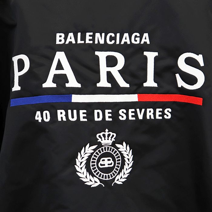 【美品】BALENCIAGA バレンシアガ ブルゾン MA-1 サイズ 52 メンズ 2019年製 パデッド パリスロゴ エンブロイダリー 刺繍 ボンバー ビッグシルエット アウター ブラック オレンジ 黒 橙色 イタリア製