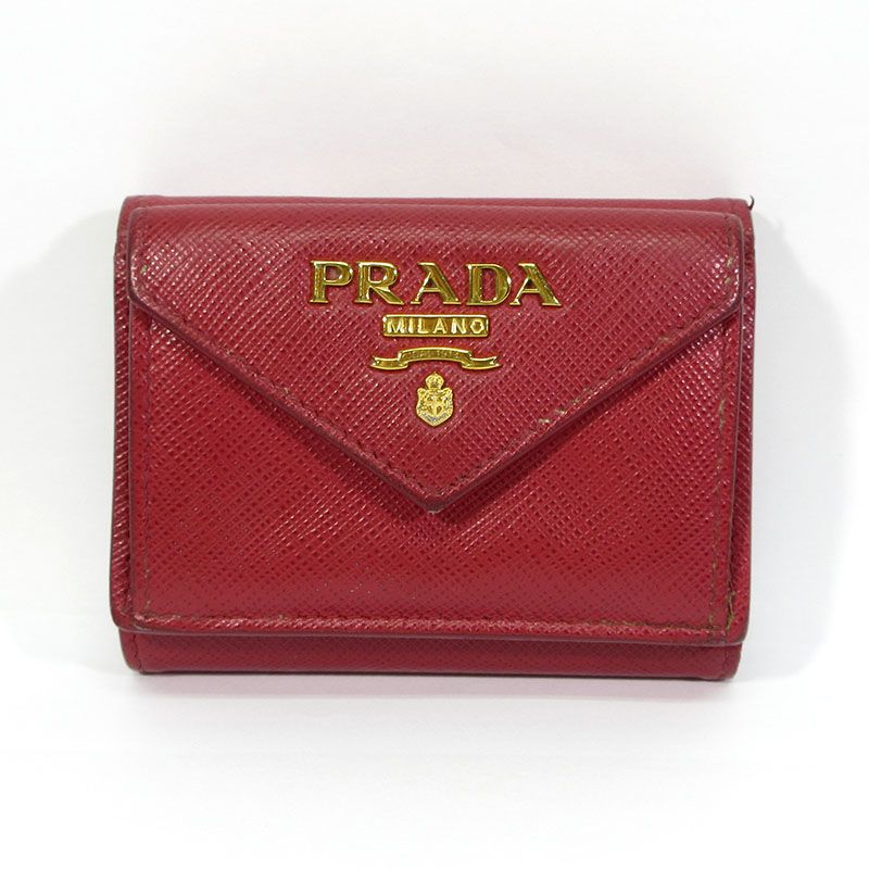 【三重本店】 中古 PRADA | プラダ 1MH021 QWA F068Z サフィアーノ メタル コンパクトウォレット 三つ折り財布 レッド系×ゴールド 【125】