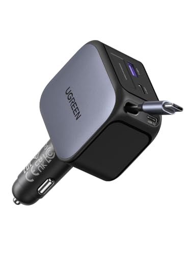 UGREEN 【70cm巻き取り式】4台同時 合計145W シガーソケット 車でパソコン作業可能 USB-C ケーブル内蔵 片手で長さ・角度調整可能 「車の便利グッズ 収納」PD・PPS対応 パソコン・スマホ・タブレットなどType-C適合 afd378eb
