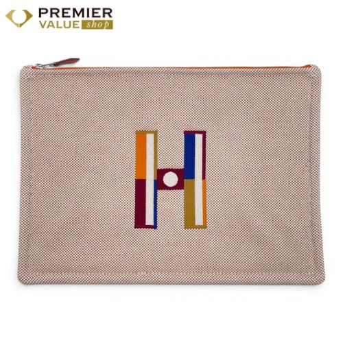 エルメス フラットポーチ 刺繡入り フォーブル・コーナー GM オレンジ/フィセル コットン