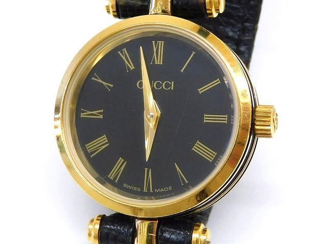 グッチ レディース 時計 ■ アンティークウォッチ クォーツ ラウンド文字盤 ゴールド×ブラック GUCCI □8E