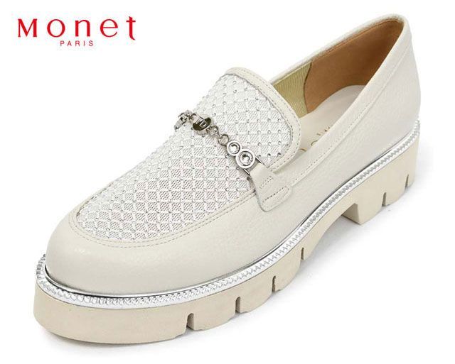 モネ 211520 Monet メッシュ風ローファー ヒールアップローファー カジュアルシューズ ビットローファー 厚底ローファー 厚底靴 3E 幅広 日本製 本革 天然皮革 レザー 歩きやすい 疲れにくい 柔らかい レディース 婦人 靴 ホワイト 白