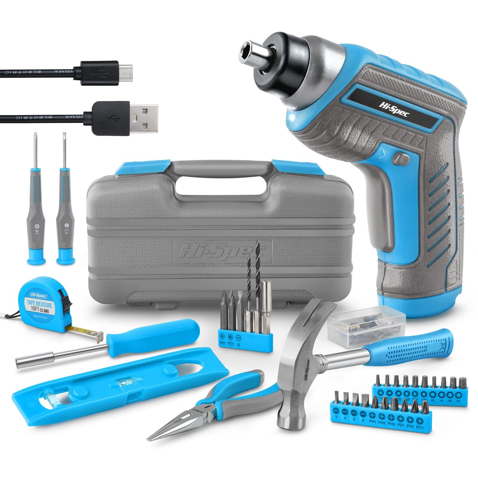 R◆Hi-Spec 電動 ドライバー 3.6V 35点 工具セット 付属 USB充電式 コードレス電動工具 家庭用DIY 穴あけ/家具組み立て/メンテナンスに最適 軽量設計 ブルー ee3e4ffb