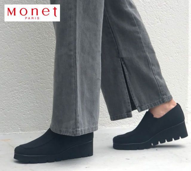 モネ 330000 Monet カジュアルシューズ ウエッジシューズ スリッポンシューズ 厚底靴 撥水加工 3E 日本製 ウエッジソール 雨の日 梅雨 はっ水 ストレッチ素材 履きやすい 歩きやすい 疲れにくい 柔らかい レディース 婦人 靴 ブラック 黒