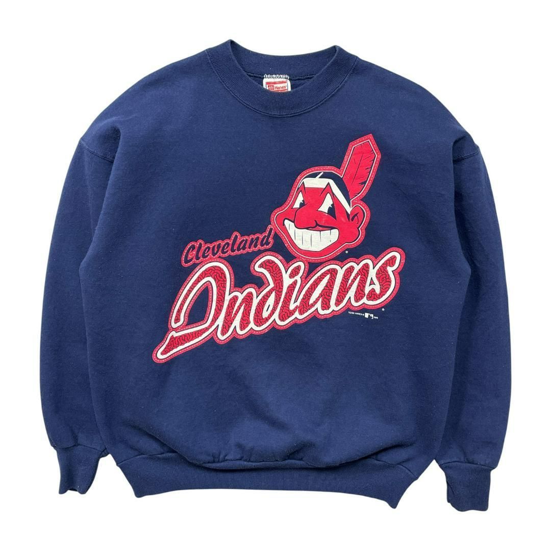 USA 古着 メキシコ製 90S MLB クリーブランドインディアンス クルーネック スウェット トレーナー ロゴ プリント ネイビー メンズL BD3459
