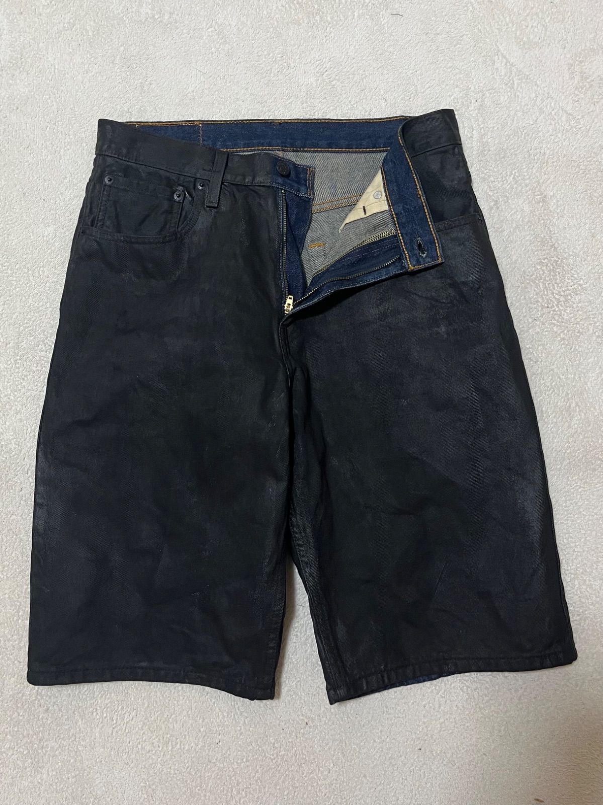 levi's 569 black painting wide denim shorts W32 ブラック　ペンキ加工　コーティング加工