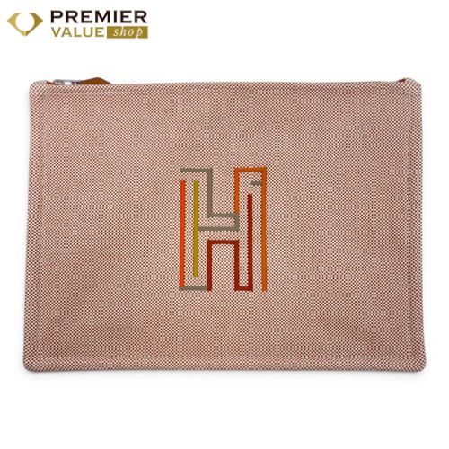 エルメス フラットポーチ 刺繡入り フォーブル・コーナー GM テラコッタ コットン