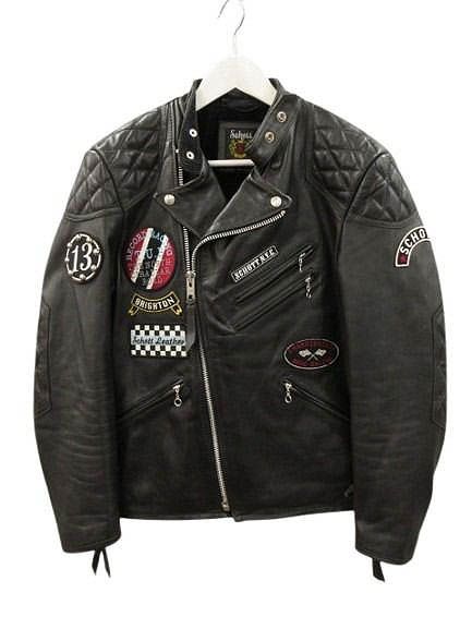 ショット SCHOTT キルテッドパッド ライダース ジャケット L ブラック スカル ワッペン スタッズ 牛革 革ジャン 3191040