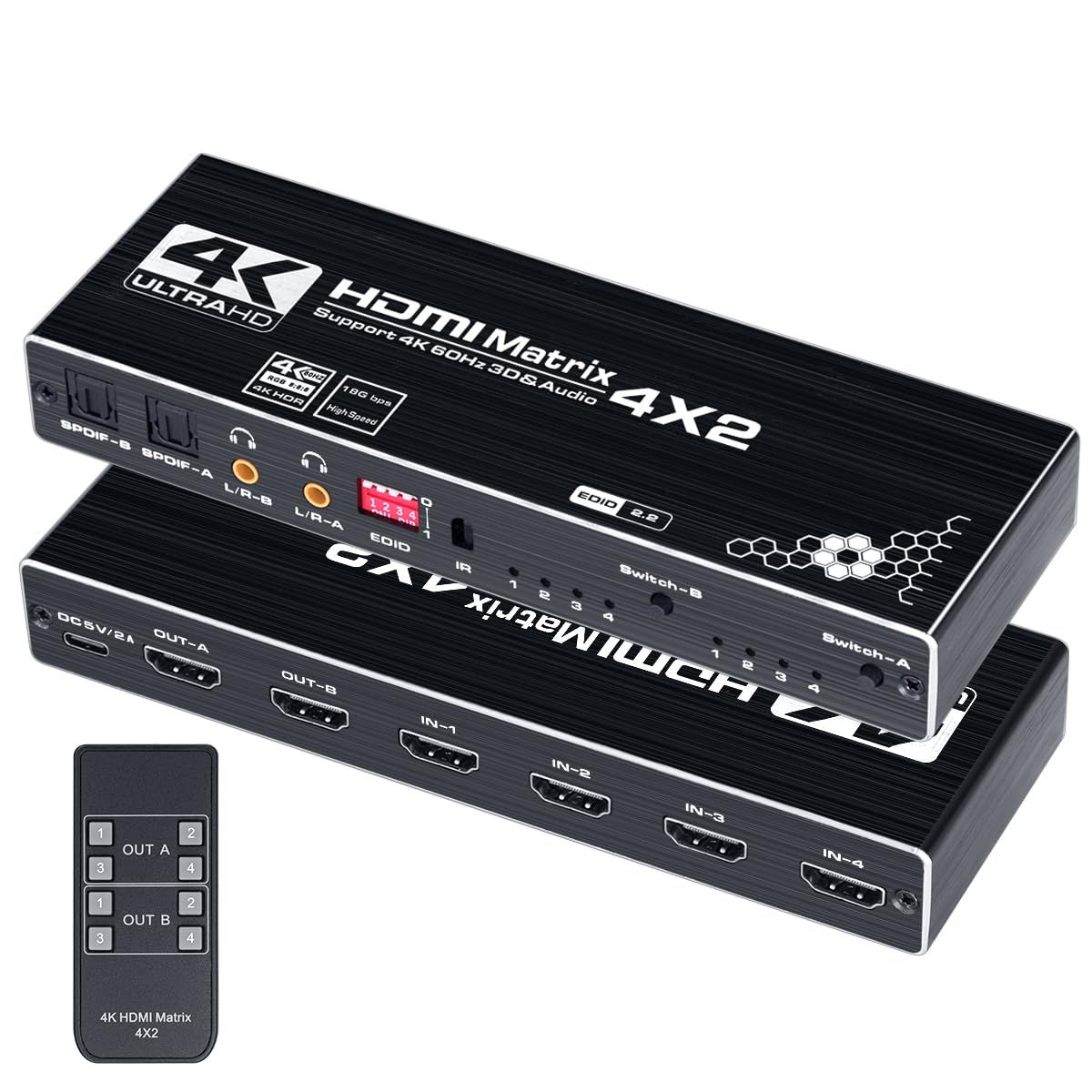 Brand New ELEVIEW HDMI Matrix Selector, 4 Inputs, 2 Outputs, 4K 60Hz Compatible with Voice Separation Function, Optical Digital/3.5mm Audio Output, PS5/PS4/Nintendo Switch Compatible, Remote Control Included (EHD-076Y)