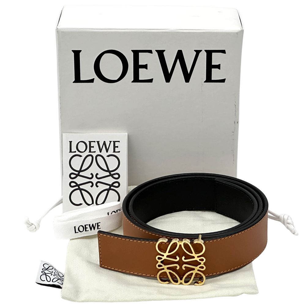 ロエベ LOEWE ベルト レディース メンズ ブランド アナグラム レザー ブラウン ブラック ゴールド 80/32 リバーシブル 【中古】