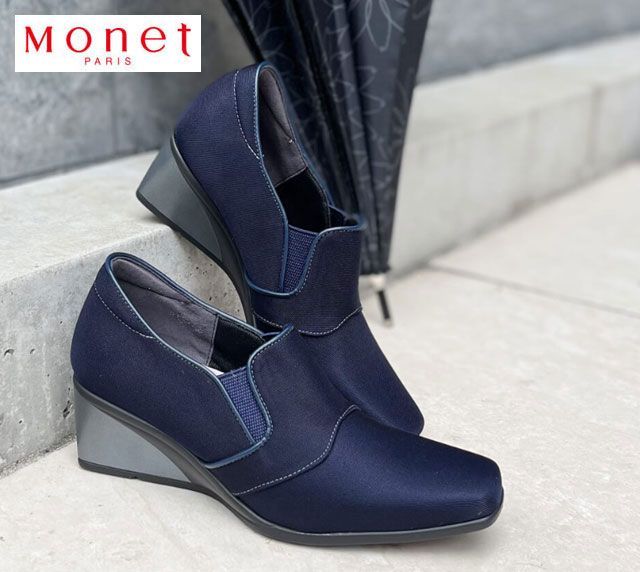 モネ 2135 Monet 撥水加工スリッポンシューズ カジュアルシューズ ウエッジシューズ パンプス オフィスシューズ 3E 日本製 ウエッジソール ウエッジヒール ストレッチ素材 雨の日 梅雨 はっ水 履きやすい レディース 婦人 靴 ネイビー 紺