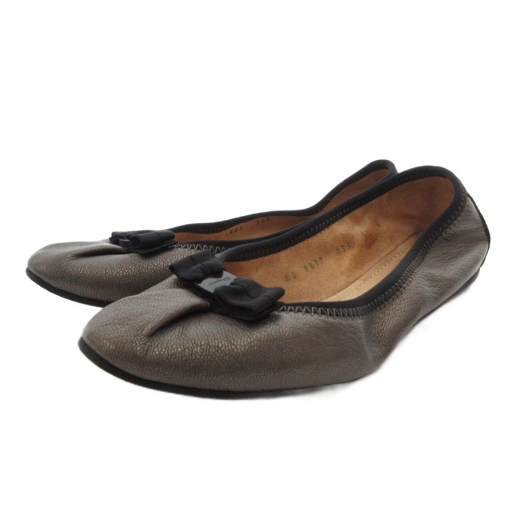 サルヴァトーレフェラガモ Salvatore Ferragamo バレエシューズ フラット リボン レザー 6.5 グレー /FF ■GY62