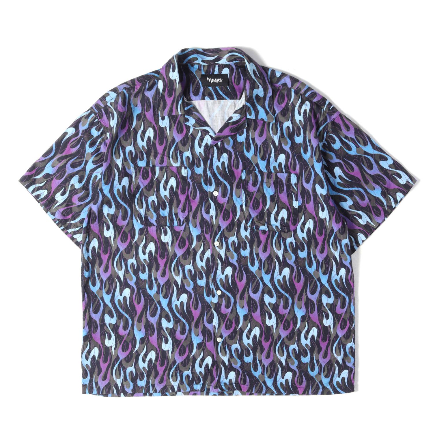 MASSES マシス シャツ ブラック×ブルー サイズ:XL | 21SS ファイヤー総柄 オープンカラー 半袖シャツ | トップス カジュアルシャツ 半袖【メンズ】【中古】