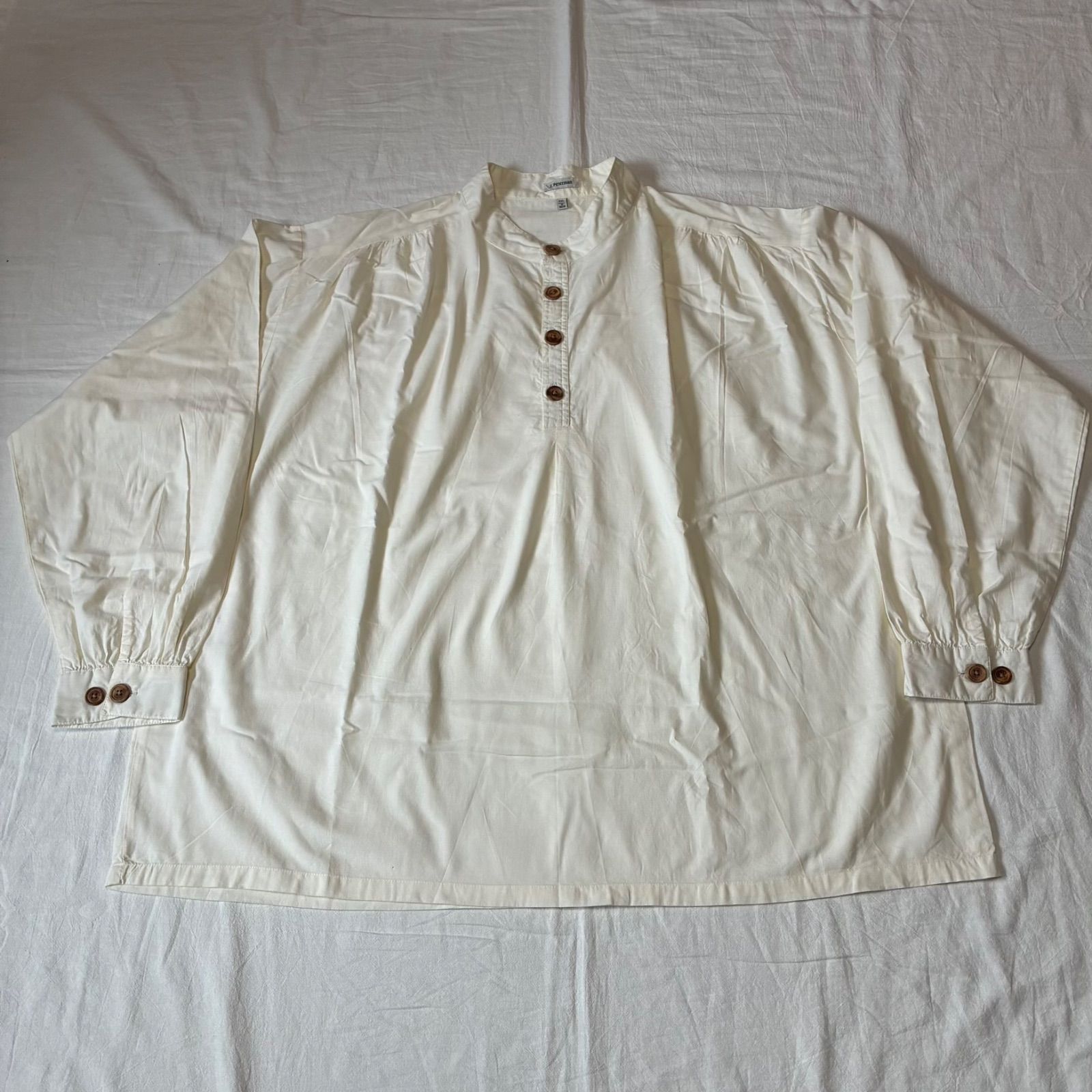 90s J.Peterman 長袖シャツ バンドカラー プルオーバー コットン 生成